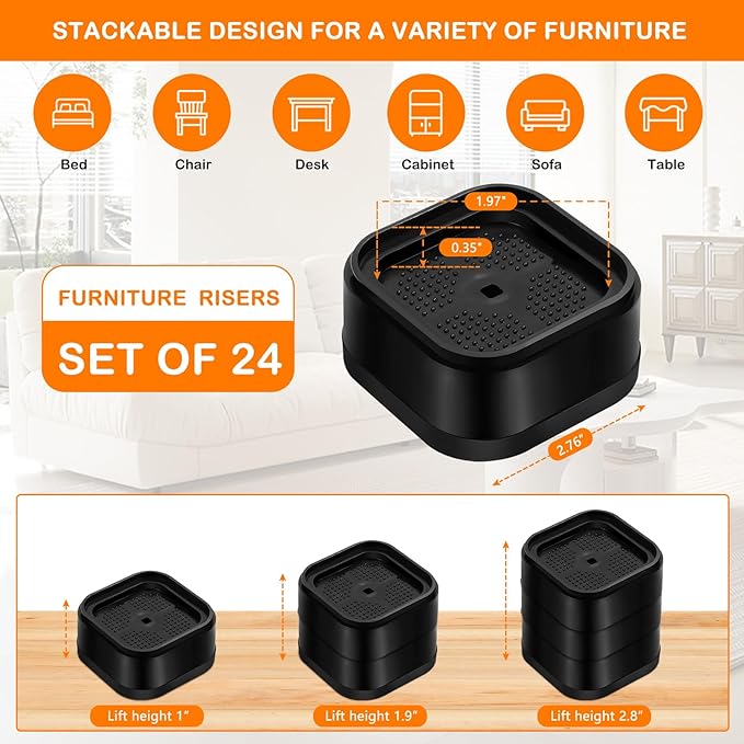 shouwuhho 24 Pack Furniture Risers Adjustable Bed Risers Heavy Duty Lifts Height 1", Square Stackable Bed Risers 1, 2 or 3 Inch for Desk Leg Table Couch Sofa Chair Bed Frame Legs Dorm, Black