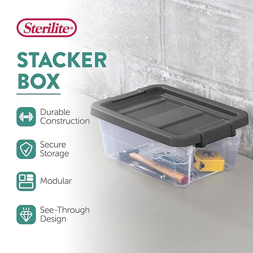 Sterilite 12-Pack Modular Stacker Box, Durable Clear Plastic Storage Bins with Latching Lids, 16 Quart - Stackable Organizing Container Boxes for Closet, Bathroom, and Office