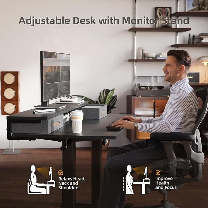 Claiks Electric Standing Desk with 2 Drawers, Adjustable Standing Desks with Storage, Height Adjustable Stand up Desk for Home Office with 2 Hooks,55 Inch Black