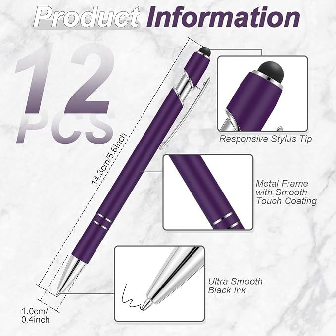 Tenare 12 Pieces 2 in 1 Stylus Metal Ballpoint Pen with Stylus Tip, 1.0 mm Black Ink Ballpoint Pen for Touch Screens(Purple and Silver)