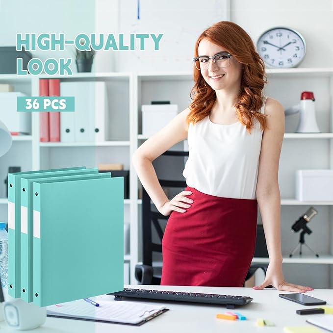 Henoyso 36 Pcs 3 Ring Binder 0.5 Inch Round Fits Letter Size 8.5'' x 11'' Paper Plastic Flexible Binder Bulk Holds 140 Sheets with 1 Pockets Versatile Organizer for Home Office School (Mint Green)
