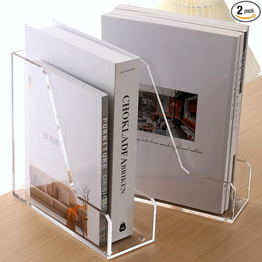 Acrylic Magazine Rack File Holder Desk Organizers and Storage 2-Pack Small Clear Acrylic Vertical Magazine Holder Book Stand for Office Desk