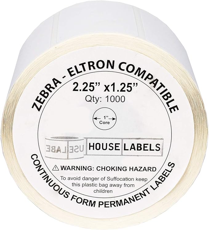 HOUSELABELS 2.25" x 1.25" Address Labels on 1" Core Compatible with Zebra and Rollo Printers, 16 Rolls / 1,000 Labels per Roll