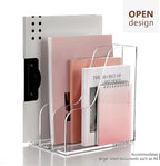 SANRUI Acrylic File Organizer, Compact Desk Organizer for Folders, Binders, Notebooks, Envelopes, Clear Magazine File Holder, 3 Section Bookshelf for School Home Office Organization, A4 Size
