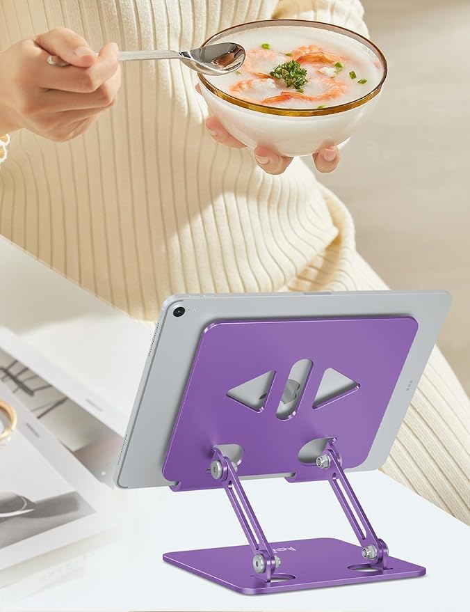 Aoviho Tablet Stand Holder for Desk, Adjustable Desktop Tablet Holder, Foldable Aluminum Tablet Mount for iPad pro 12.9, iPad Air Mini, Samsung Galaxy Tabs Z Fold Kindle Fire 4-12 inch Purple