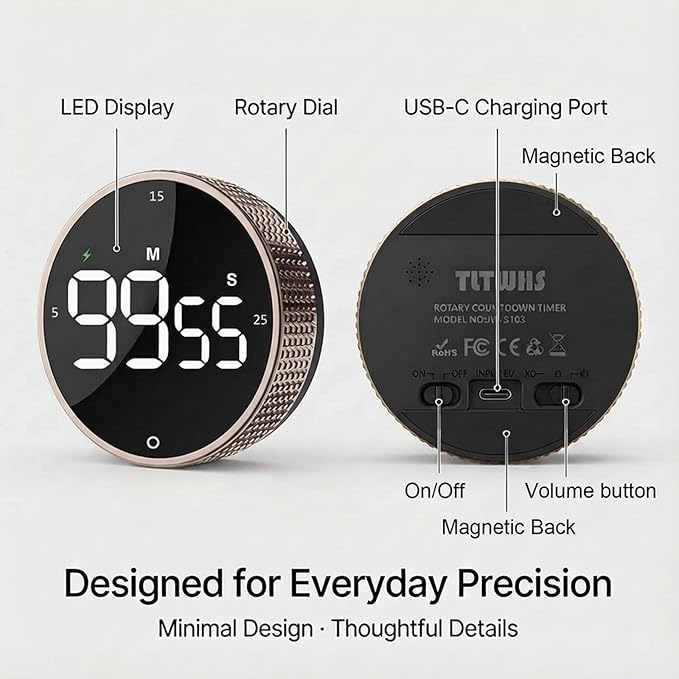 Rechargeable Magnetic Kitchen Timer,LED Countdown/Up Timer, Supports USB-C Charging,with Loud Alarm,3 Preset Quick Times(5/15/25m),Perfect for Kitchen Cooking, Studying, and Fitness (Brown)