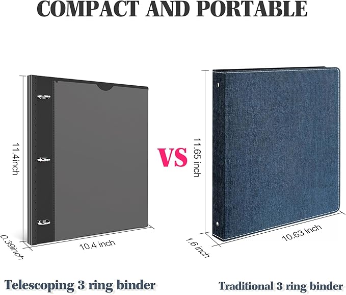 INFUN 1 Inch Telescoping 3 Ring Binder - 12 PCS-Black, Flexible Binders with Customizable Front Cover and Clear Catalog Pocket,1 inch Binders 3 Ring, 225 Sheet Capacity