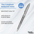 DISCOUNT PROMOS Custom Langham Ballpoint Pens Set of 100, Personalized Bulk Pack - Black Ink, Great for Office, School, Business, Tradeshows - Silver