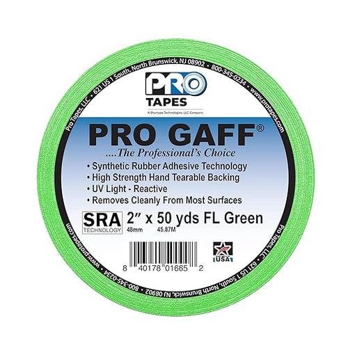 2" Width ProTapes Pro Gaff Premium Matte Cloth Gaffer's Tape With Rubber Adhesive, 50 yds Length x, Fluorescent Green (Pack of 1)