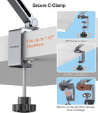 YICOSUN Tablet Arm Mount with Super Grip, Adjustable Foldable Holder & Heavy Duty Aluminum 360° Rotating Clamp for iPad, Phone, Monitor, Kindle - Universal for Desk, Bed, Kitchen - Gray