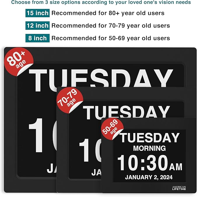 American Lifetime Large Digital Wall Clock for Seniors, Black Polished, 8-Inch High Resolution Display, Easy to Read, Customizable Alarms, Auto-Dimming, Multi-Language Support, Battery Backup