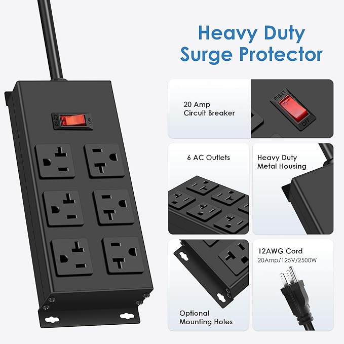 JUNNUJ Heavy Duty 20 Amp Power Strip, Garage 6 Outlets Metal 12 Gauge Surge Protector 3000J, High Amp 5-15P Adapter Shop 6-20R T-Slot Industrial (6AC, 15FT)