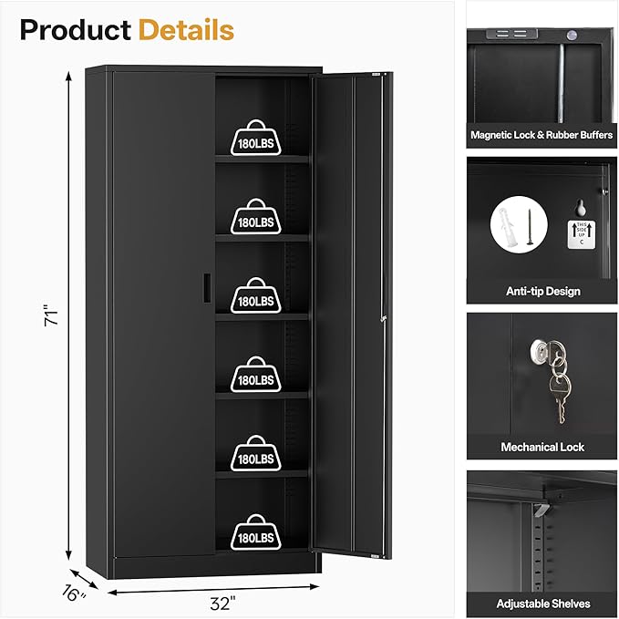 TaskStorz Metal Garage Storage Cabinets,71” Tall Metal File Cabinet with 5 Adjustable Shelves, Lockable Storage Cabinets for Office, Home, Garage, Warehouse 71" H x 32" W x 16" D (Black)