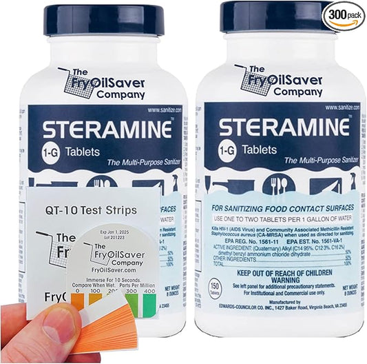 2 Bottles Steramine Sanitizer Tablet 15xQT-10 Test Strip, Multi Purpose Steramine Sanitizing Tab for Food Contact Surface Kitchen, Restaurant, Diner & Food Service by FryOilSaver Co. (300 Tablets)