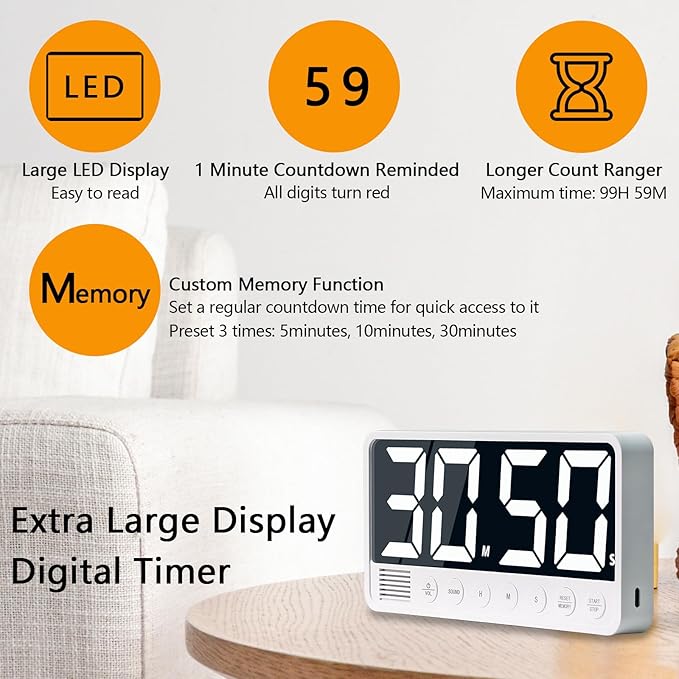 Digital Kitchen Timer with 7.1” Extra Large Display, Rechargeable Magnetic LED Countdown/Up Memory Timer with 6 Alarms & 4 Volume Levels for Cooking, Classroom, Office, Home Gym (White)