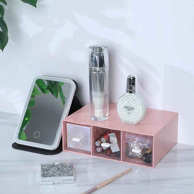 OSteed Desktop Drawers, Desk Organizer with 3 Drawers, Stackable Plastic Storage Box for Home Collection, Cosmetics, Jewelry, Office Supplies (1 Tall Layer, Pink)