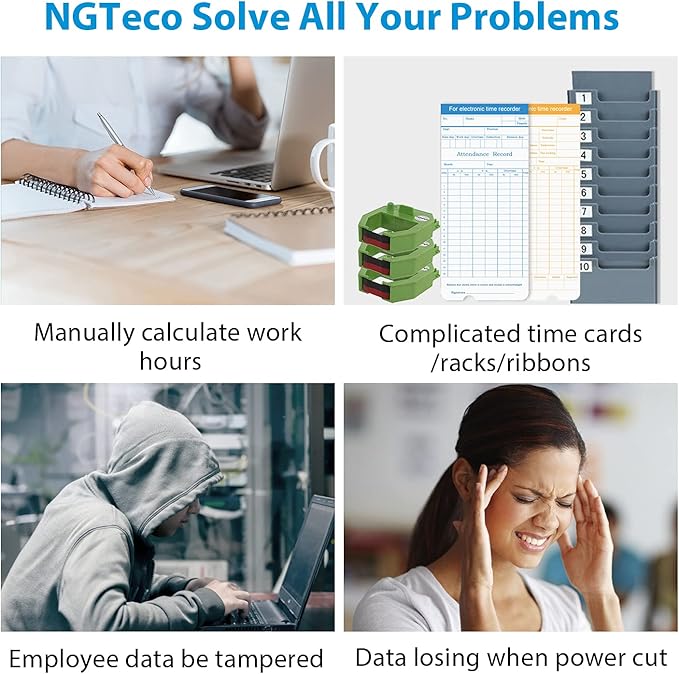 NGTeco APP Time Clock, Fingerprint & PIN Times Clock for Small Business, Biometric Clocks in Machine for Employees with iOS/Android App, No Monthly Fee, 2.4GHz WiFi, Black