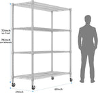 Homdox 4-Tier Heavy Duty Metal Shelves with Wheels - 2400LBS Commercial Adjustable Shelves for Garage, Pantry, Kitchen - 24"x60"x72", Chrome