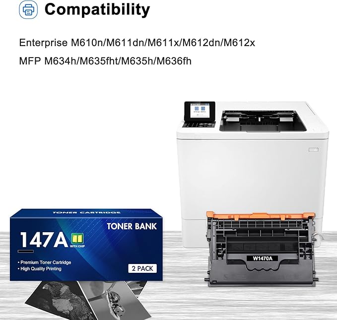 147A Black Toner Cartridge Compatible Toner Cartridge Replacement for HP 147A W1470A 147X W1470X for Enterprise M610n M611dn M611x M612dn M612x MFP M634h M635fht M635h M636fh Printer Ink (2-Pack)