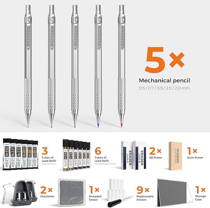 25PCS Art Mechanical Pencil Set, 3PCS Metal lead pencil 0.5, 0.7, 0.9, 2PCS 2mm Drawing Pencil (HB 2H 2B 4B Color) with 392PCS Graphite Leads, Eraser with Case for Drafting Drawing Writing