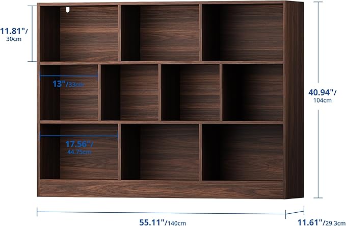 Cozy Castle Brown Bookshelf, 3-Tier Open Shelf Bookcase, 10 Cube Storage Organizer with Anti-Tilt Device for Bedroom, Living Room, 55.11" W x 11.61“D x 40.94“H