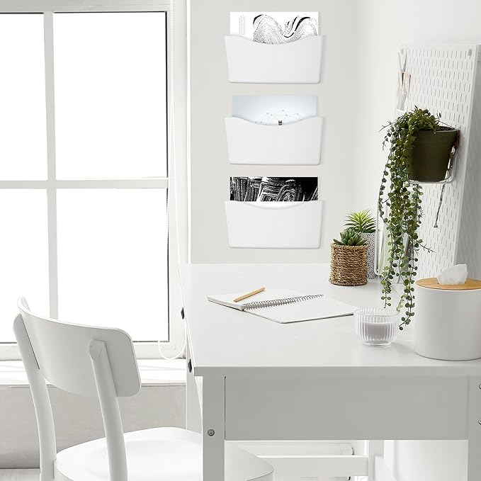 Colarr 6 Pack Expandable Pocket Wall File Holder Plastic Hanging Wall Organizer Space Saving Wallmount File Holder for Office Mail Letter Magazine(White)