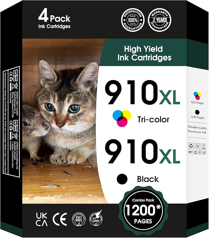 910 XL Ink Compatible with HP 910XL Ink Cartridges Combo Pack, 910XL Ink Cartridges for OfficeJet Pro 8010 8020 Series, Pro 8020, 8030 Series Printer 3JB41AN 4-Pack (BK/C/M/Y, 4 Pack)