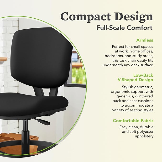 HON Volt Standing Desk Chair, Fabric Office Chair with Foot Rest, Armless, Ergonomic Recline and Center Tilt, for Computers, Offices, Work, Black