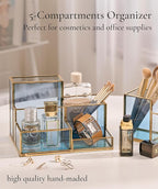FONDAZZA 5-Compartment Desk Organizer for Home Office Supplies, Gold Brass with Blue Glass, Workspace Storage for Stationery, Cosmetic, Makeup Tools and Brush.