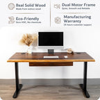 Standing Desk with Drawer – Walnut Solid Wood Desk, Natural Live Edge, Adjustable Height Dual Motor, Sit Stand for Home Office (Black, W60 x D27)