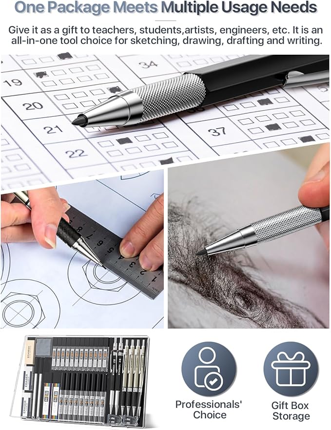 37PCS Art Mechanical Pencil Set, Drafting Pencil 5 Sizes- 0.3, 0.5, 0.7, 0.9MM & 2PCS 2.0MM Mechanical Drawing Pencils with 492PCS Leads (6B 4B 2B HB 2H 4H Color) for Artist Sketching Drawing