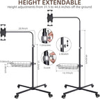 Coslony Adjustable Floor Standing Tablet Stand with Storage Basket, Mobile Rolling Base, Height Adjustable Metal Frame