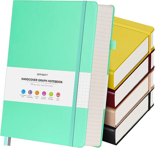 5 Pack Graph Paper Notebook, 312 Numbered Pages Graph Notebook Bulk, 100gsm No Bleed Grid Paper Notebooks for Work, Hardcover Leather Journal, Squared Grid Notebook for Graphing Notes Math, Multicolor