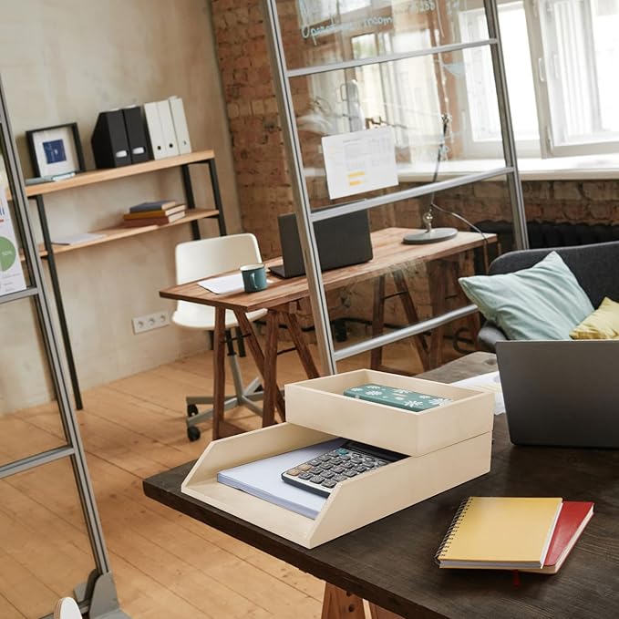 2-Tier Wood Letter Tray Wooden Desk Organizer Letter-Size Tray Magnetic Paper Document File Organizer for Office Supplies Collection Folders Notebooks Desktop Workspace Holder