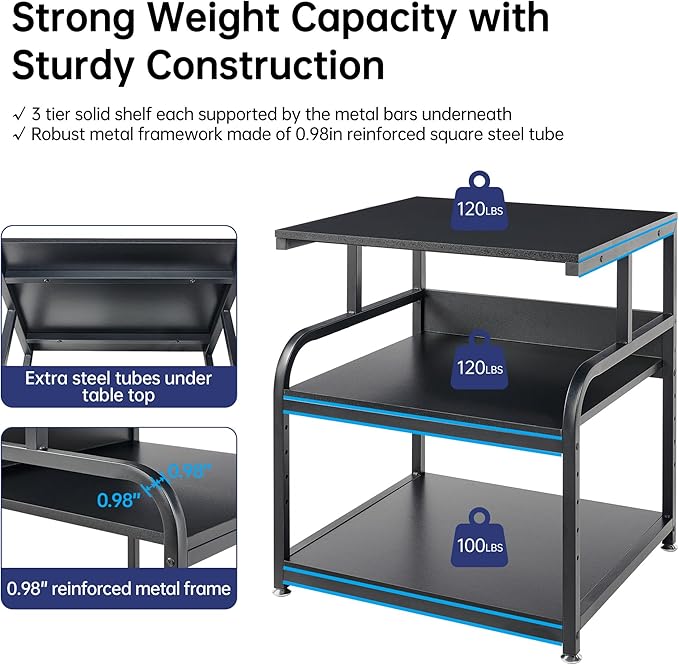 Fannova 25.6" x 23.6" Extra Large Printer Stand Table with Adjustable Storage Shelf, 3 Tier Rolling Printer Cart with Industrial Wheels for Home Office, Black