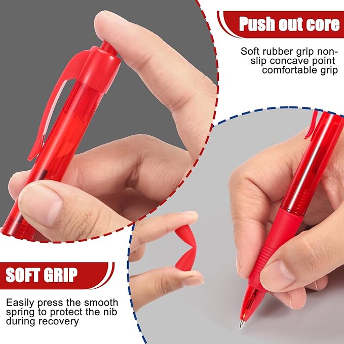 deegtran Pens Bulk, 50 Pack No Bleed Red Ink Click Pens with Soft Grip, Wholesale Retractable Ballpoint Pens for Office School, Medium Point Smooth 1.0MM