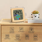 VOILEIPAGI Travel Alarm Clock Bedside Clock with Auto Backlight, Battery Powered Alarm Clock Temperature and Humidity, Second, Date, 12/24H, Wood Grained Small Clock Digital Alarm Clocks for Bedrooms