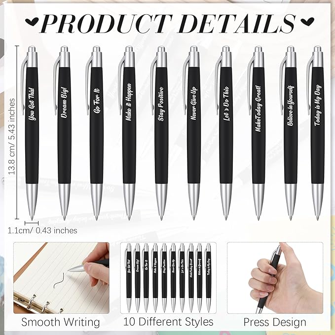 Yeaqee 100 Pcs Inspirational Pens Employee Appreciation Back to School Gifts Motivational Thank You Metal Greeting Quote Ballpoint Pen for Coworker Teacher(Black,Inspirational)