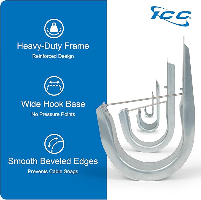 ICC 3/4-Inch Wall Mount J-Hook – 25-Pack, Cable Support Hooks Without Retainer Clips, Galvanized Steel with Zinc Finish – for Structured Cabling and Cable Management