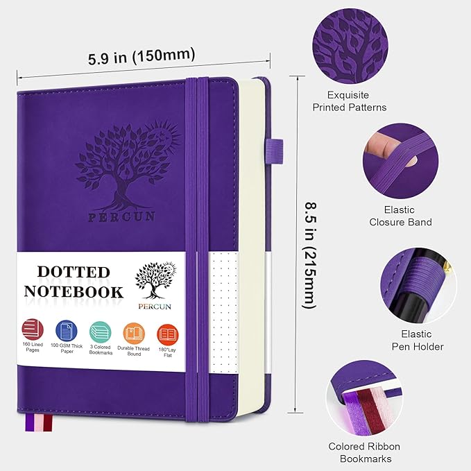 PERCUN Dotted Journal Notebook for Men & Women, 160 Pages Dot Grid notebook for Note Taking, Bullet Journaling Notebook for Work, School, Travel, Writing, A5 Hardcover 5.9" x 8.5" (Purple)