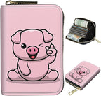 BWEGRHE Cute Credit Card Holder with Zipper, Pink Pig RFID-Blocking Card Case Small Wallet for Women Men, Multi-slot Card Organizer Case Travel Accordion Wallet