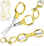 2 PCS Stainless Steel Mini Folding Scissors, Safety Pocket-Sized Multipurpose Scissors with Keychains for Travel, Home, Office, Crafts, Sewing & Nurse Accessories (Gold)