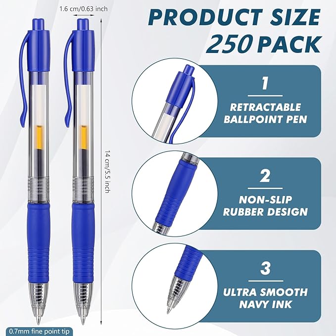 Jetec 250 Pcs Premium Gel Roller Pens Bulk, Fine Point 0.7 mm, Retractable Gel Ink Roller Ball Pens for Writing Journaling Taking Notes Office (Blue)