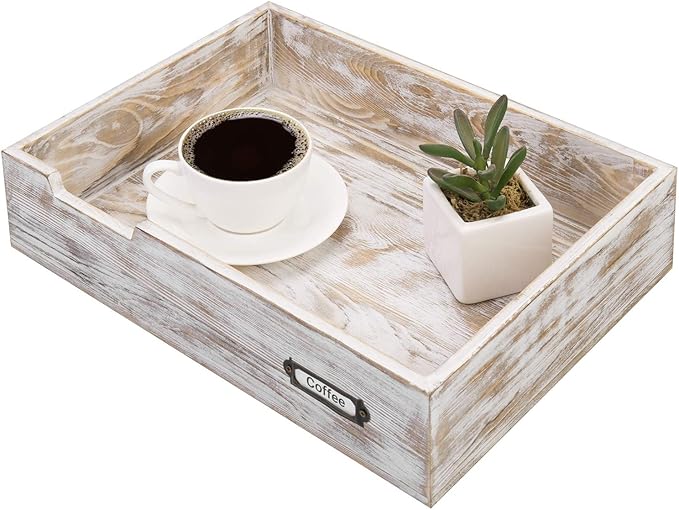 MyGift Rustic White Desktop Letter Tray - Shabby Whitewashed Wood Inbox Holder, Desk Paper File Folder Organizer Box with Metal Label