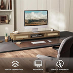 Fenge Dual Monitor Stand for Desk - Long Wooden Riser With Rattan Woven Drawer, 2 Tier Desk Shelf for 2 Monitors, Vintage Computer Stand for Laptop, Printer, TV