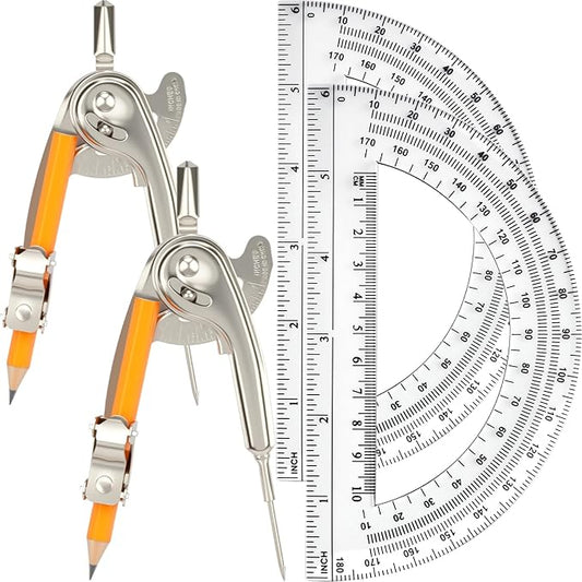 4 Pack Geometry Tool Set, Math Compass for Geometry and 6 Inch Protractor Set Include Metal Compass with Pencil and Clear Plastic Protractor for Student Classroom Office Woodworking Art Drawing
