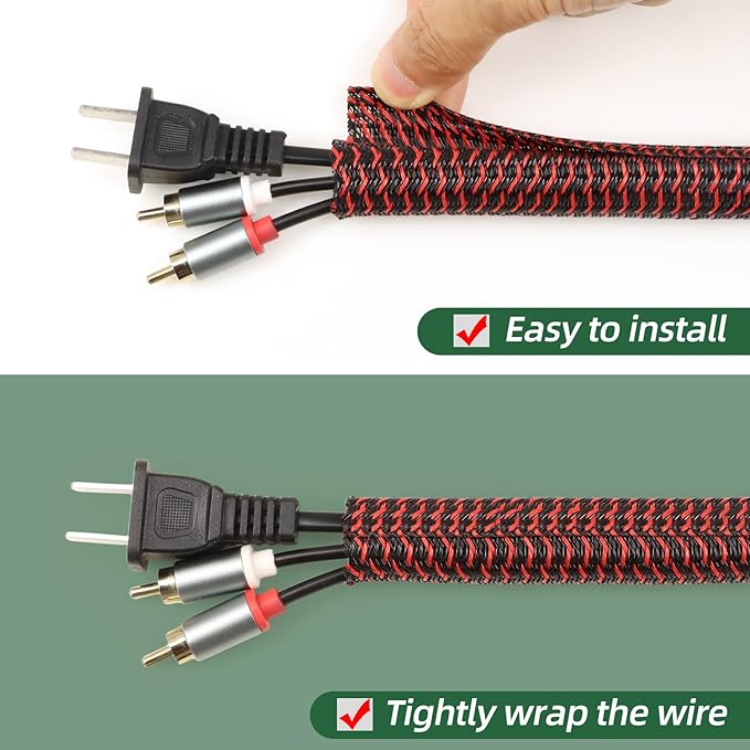 Split Wire Loom Tubing, Cable Protector Sleeve, Braided Cable Management for TV/Computer/Home Theater/Engine Bay, Cord Protectors from Pets No Chew (Red and Black, 3/8"-25ft)