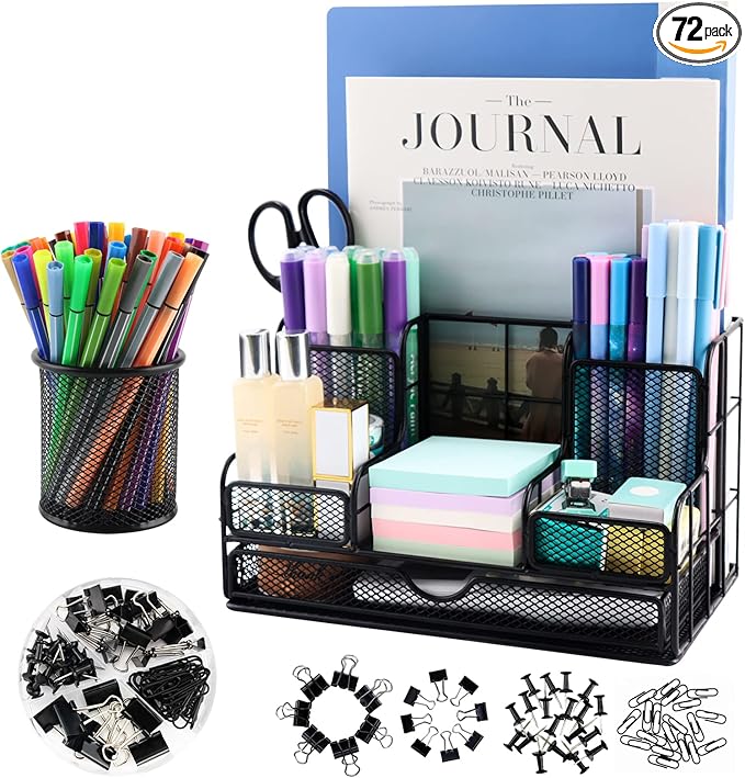 BCCICE Desk Organizers Caddy and Accessories with 7 Compartments + Pen Holder / 72 Clips Set, Drawer, Black Mesh Office Supplies Desktop Organizer for Home, Office Ect