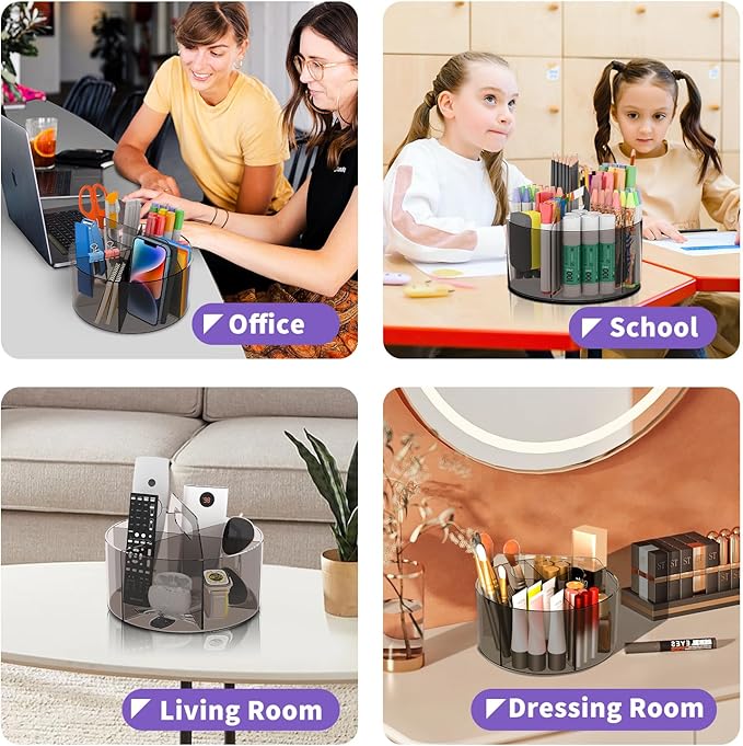 Acrylic Pen Organizer, 360 Degree Rotating Desk Organizer with 6 Compartments Crayon Holder for Office, School, Home, Art Supply, Grey