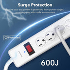BN-LINK 6-Outlet Power Strip Surge Protector 1-Pack, 4-Foot Extension Cord, 600 Joules, Twist-to-Close Safety Covers, 90 Degree Flat Plug, Overload Protection, White